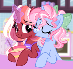 Size: 2234x2100 | Tagged: safe, artist:emberslament, oc, oc only, oc:twinklebell, oc:velvet cake, pony, unicorn, bow, female, hair bow, heart, heart eyes, high res, magic, mare, wingding eyes