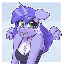Size: 922x938 | Tagged: safe, artist:dandy, oc, oc only, oc:mariah wolves, alicorn, anthro, :p, adorasexy, alicorn oc, blushing, breasts, bust, chest fluff, cleavage, cleavage fluff, clothes, cute, eyebrows, eyebrows visible through hair, female, floppy ears, horn, looking at you, scrunchy face, sexy, shirt, solo, tongue out, wings