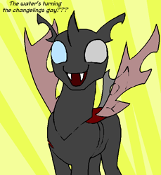 Size: 540x590 | Tagged: safe, artist:kazerad, oc, oc only, oc:coxa, changeling, anisocoria, changeling oc, fangs, happy, heterochromia, male, meme, no source available, red changeling, scar, smiling, solo, text