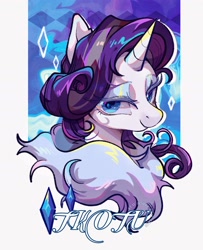 Size: 1620x1997 | Tagged: safe, artist:tkotu1, rarity, pony, unicorn, g4, bust, commission, female, horn, lidded eyes, looking at you, mare, older, older rarity, passepartout, simple background, smiling, smiling at you, solo, white background