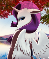 Size: 1440x1733 | Tagged: safe, artist:onlyhasart, rarity, alicorn, unicorn, anthro, g4, alicornified, clothes, eyeshadow, female, horn, kimono (clothing), looking at you, looking over shoulder, makeup, race swap, raricorn, rear view, smiling, smiling at you, solo