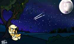 Size: 1600x954 | Tagged: safe, artist:bluenotefs, applejack, bright mac, pear butter, earth pony, pony, g4, apple, apple tree, crying, falling leaves, feels, female, guitar, intertwined trees, leaves, mare, mare in the moon, missing accessory, moon, musical instrument, night, night sky, pear tree, sad, shooting star, sitting, sky, smiling, solo, stars, teary eyes, tree