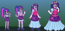 Size: 3840x1827 | Tagged: safe, artist:dommerik, sci-twi, twilight sparkle, alicorn, human, unicorn, anthro, equestria girls, g4, :o, age progression, alternate hairstyle, belt, bowtie, breast expansion, breasts, busty sci-twi, clothes, commission, crown, cutie mark on clothes, dress, female, glasses, gloves, gown, gradient background, gritted teeth, growth, high res, human to anthro, jewelry, long gloves, magic, mare, older, older twilight, older twilight sparkle (alicorn), open mouth, poofy shoulders, princess, princess twilight 2.0, regalia, solo, sparkles, teeth, transformation, transformation sequence, transforming clothes, twilight sparkle (alicorn), unicorn sci-twi, unicorn twilight, wavy mouth, wingless, wingless alicorn, wingless anthro