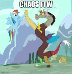 Size: 500x514 | Tagged: safe, edit, edited screencap, screencap, discord, rainbow dash, draconequus, g4, what about discord?, caption, high five, image macro, imgflip, text