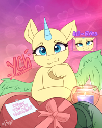 Size: 1770x2208 | Tagged: safe, artist:rivin177, oc, oc:anon, alicorn, earth pony, pegasus, pony, unicorn, bowtie, candle, chocolate, commission, eyes closed, food, holiday, hooves up, horn, massage, present, simple background, sketch, smiling, table, template, valentine, valentine's day, wings, ych example, your character here