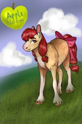 Size: 480x721 | Tagged: safe, artist:princessglitzy, apple bloom, earth pony, pony, g4, bow, female, filly, foal, solo, tail, tail bow, unshorn fetlocks