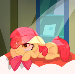 Size: 2164x2126 | Tagged: safe, artist:4932488340, apple bloom, earth pony, pony, g4, apple bloom's bow, bow, female, filly, foal, hair bow, high res, lying down, prone, sad, solo
