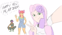 Size: 4096x2304 | Tagged: safe, alternate version, artist:applelord, apple bloom, scootaloo, sweetie belle, human, g4, apple bloom's bow, bow, clothes, cutie mark crusaders, female, hair bow, happy new year, happy new year 2023, hat, holiday, humanized, overalls, peace sign, simple background, sketch, squatting, trio, trio female, white background