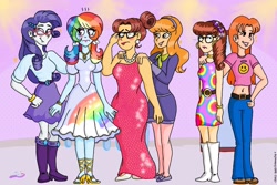 Size: 1350x900 | Tagged: safe, artist:chikorrutia, rainbow dash, rarity, human, equestria girls, g4, ..., alternate hairstyle, annoyed, blushing, boots, clothes, crossover, daphne blake, daria, daria morgendorffer, dress, ear piercing, earring, emanata, embarrassed, eyeshadow, female, glasses, grin, hand on shoulder, high heels, hooped earrings, jewelry, lipstick, makeover, makeup, necklace, pearl necklace, piercing, quinn morgendorffer, rainbow dash always dresses in style, rainbow dash is not amused, rarity's glasses, requested art, sandals, scooby-doo!, shoes, smiling, tomboy taming, unamused, velma dinkley, wristband