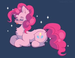 Size: 1704x1314 | Tagged: safe, artist:belkaart0w0, pinkie pie, earth pony, pony, g4, :p, blue background, chest fluff, cute, diapinkes, eyes closed, fluffy, lying down, ponyloaf, prone, simple background, solo, tongue out