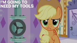 Size: 1280x720 | Tagged: safe, edit, edited screencap, editor:quoterific, screencap, applejack, earth pony, pony, applejack's "day" off, g4, applejack's hat, cowboy hat, determined, female, gritted teeth, hat, looking at you, mare, solo, teeth