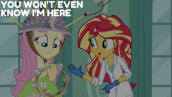 Size: 1920x1080 | Tagged: safe, edit, edited screencap, editor:quoterific, screencap, fluttershy, sunset shimmer, human, equestria girls, g4, the science of magic, clothes, duo, duo female, experiment, female, frown, gloves, lab coat, musical instrument, open mouth, open smile, smiling, sunset the science gal, tambourine