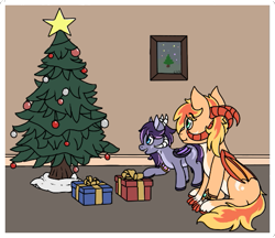 Size: 531x458 | Tagged: safe, artist:chance35, derpibooru exclusive, oc, oc only, oc:evanti, oc:imiya, dracony, dragon, hybrid, christmas, christmas tree, duo, holiday, horns, present, siblings, simple background, sitting, standing, tree, wings