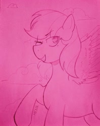 Size: 2865x3619 | Tagged: safe, artist:dsstoner, rainbow dash, pegasus, pony, g4, cloud, female, high res, mare, one eye closed, raised hoof, solo, spread wings, traditional art, wings, wink