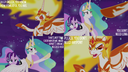 Size: 4400x2475 | Tagged: safe, edit, edited screencap, editor:quoterific, screencap, daybreaker, princess celestia, starlight glimmer, alicorn, pony, unicorn, a royal problem, g4, angry, argument, crown, ethereal mane, ethereal tail, eyes closed, fangs, female, frown, gesture, hoof shoes, implied princess luna, jewelry, mane of fire, mare, open mouth, open smile, peytral, pointing, regalia, scared, smiling, spread wings, swapped cutie marks, tail, trio, trio female, wings