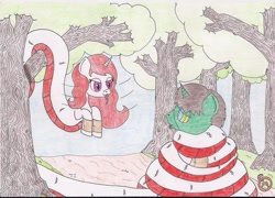 Size: 2333x1680 | Tagged: safe, artist:mafiles50, oc, oc only, oc:frost d. tart, oc:ruby scales, lamia, original species, pony, unicorn, coils, female, forest, hypnosis, hypnotized, male, mare, stallion, sway, traditional art, tree