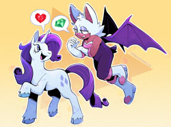 Size: 1280x953 | Tagged: safe, artist:fernsnailz, rarity, bat, pony, unicorn, anthro, g4, chaos emerald, cloven hooves, duo, fire ruby, flying, gem, heart, horn, kazumi evans, pictogram, rouge the bat, ruby, sonic the hedgehog (series), speech bubble, voice actor joke, wings