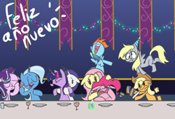 Size: 2190x1491 | Tagged: safe, artist:sundzy, applejack, derpy hooves, fluttershy, pinkie pie, rainbow dash, rarity, starlight glimmer, trixie, twilight sparkle, earth pony, pegasus, pony, unicorn, g4, cake, christmas, christmas lights, crying, female, food, glass, happy new year, holiday, hoof hold, juice, juice box, mane six, mare, spanish, tripping, wine glass