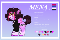 Size: 1500x1000 | Tagged: safe, artist:dsstoner, oc, oc:mena, bat pony, pony, undead, vampire, bracelet, button-up shirt, choker, clothes, cutie mark, ear piercing, earring, fangs, goth, jewelry, necklace, piercing, pride flag, reference sheet, shirt, spread wings, wings