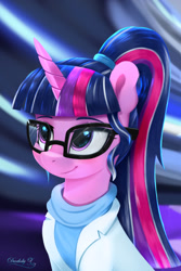 Size: 1500x2250 | Tagged: safe, artist:darksly, sci-twi, twilight sparkle, pony, unicorn, equestria girls, g4, alternate hairstyle, clothes, commission, cute, equestria girls ponified, female, glasses, lab coat, mare, ponified, ponytail, sci-twiabetes, solo, sweater, twiabetes, unicorn sci-twi, unicorn twilight
