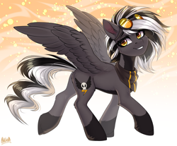 Size: 2500x2069 | Tagged: safe, artist:hakaina, oc, oc only, oc:zephyr corax, oc:zephyrai, pegasus, pony, abstract background, accessory, butt, cheek fluff, coat markings, colored, colored belly, concave belly, dark belly, ear fluff, female, fluffy, goggles, goggles on head, grin, high res, leg fluff, looking at you, mare, pegasus oc, plot, raised hoof, raised leg, reverse countershading, shading, shawl, side view, signature, slender, smiling, smiling at you, socks (coat markings), solo, spread wings, striped mane, striped tail, strut, strutting, tail, teeth, thin, turned head, unshorn fetlocks, walking, wing fluff, wings, yellow eyes