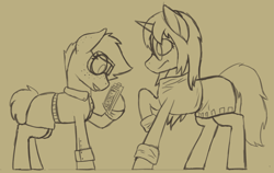 Size: 3585x2259 | Tagged: safe, artist:al solae, oc, oc only, oc:chemical function, oc:logical leap, earth pony, pony, unicorn, clipboard, clothes, duo, earth pony oc, female, freckles, glasses, goggles, high res, horn, lab coat, mare, monochrome, round glasses, sketch, skirt, sweater, unicorn oc