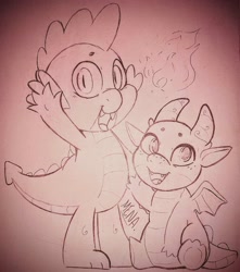 Size: 2945x3328 | Tagged: safe, artist:dsstoner, sparky sparkeroni, spike, dragon, g5, baby, baby dragon, duo, duo male, fire, high res, male, open mouth, open smile, sitting, smiling, sparky and his hero, spread wings, traditional art, waving, wings