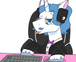 Size: 550x450 | Tagged: safe, artist:dsstoner, fancypants, pony, unicorn, g4, clothes, computer mouse, headphones, keyboard, male, monocle, simple background, stallion, suit, tongue out, white background