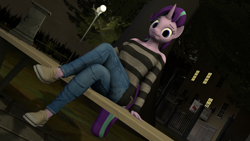 Size: 3840x2160 | Tagged: safe, artist:korizen, starlight glimmer, pony, unicorn, anthro, g4, 3d, bench, clothes, crossed legs, denim, female, high res, jeans, looking at you, night, pants, park, park bench, shoes, sitting, solo, striped sweater, sweater