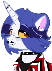 Size: 783x1057 | Tagged: safe, artist:dsstoner, fancypants, pony, undead, unicorn, vampire, vampony, g4, base used, chest fluff, choker, clothes, ear piercing, earring, glasses, horn, horn ring, jewelry, kinsona, lip piercing, piercing, ring, shirt, simple background, solo, striped shirt, tank top, transparent background, vector