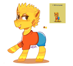 Size: 995x900 | Tagged: safe, artist:dsstoner, earth pony, pony, pony town, bart simpson, clothes, colt, crossover, foal, male, pants, ponified, raised hoof, rule 85, shirt, shorts, simple background, solo, the simpsons, white background