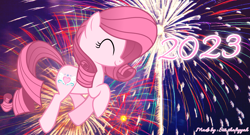 Size: 2110x1137 | Tagged: safe, artist:muhammad yunus, oc, oc only, oc:annisa trihapsari, earth pony, pony, earth pony oc, eyes closed, female, fireworks, happy new year, holiday, ibispaint x, mare, smiling, solo