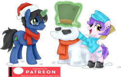 Size: 4202x2685 | Tagged: safe, artist:pure-blue-heart, oc, oc only, oc:bubble fabric, oc:digital wrench, earth pony, pony, unicorn, christmas, clothes, earth pony oc, female, freckles, glowing, glowing horn, green eyes, green magic, hat, holiday, horn, magic, magic aura, male, mare, patreon, patreon logo, patreon reward, santa hat, scarf, shirt, shoes, simple background, snow, snowpony, stallion, stallion oc, telekinesis, transparent background, unicorn oc, yellow eyes