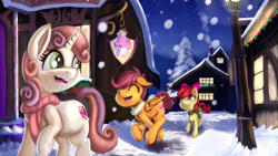 Size: 3840x2160 | Tagged: safe, artist:sigilponies, apple bloom, scootaloo, sweetie belle, earth pony, pegasus, pony, unicorn, g4, adorabloom, bow, clothes, cute, cutealoo, cutie mark crusaders, diasweetes, female, filly, foal, happy, high res, night, open mouth, open smile, ponyville, running, scarf, smiling, snow, snowfall, stars, striped scarf, sugarcube corner, winter