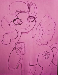 Size: 3045x3915 | Tagged: safe, artist:dsstoner, pipp petals, pegasus, pony, g5, adorapipp, backwards cutie mark, cute, female, high res, mare, phone, smiling, spread wings, traditional art, wings