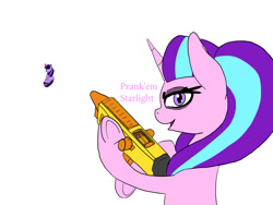 Size: 1000x750 | Tagged: safe, artist:slamjam, starlight glimmer, twilight sparkle, pony, unicorn, g4, female, gun, mare, simple background, text, this will end in pain and/or death, unicorn twilight, weapon, white background