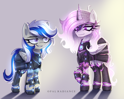 Size: 2531x2026 | Tagged: safe, artist:opal_radiance, oc, oc:iron glamour, oc:lady lightning strike, alicorn, pegasus, pony, alicorn oc, armor, high res, horn, pegasus oc, wings