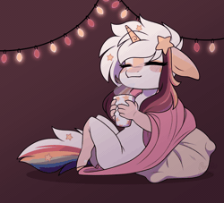 Size: 1100x1000 | Tagged: safe, artist:purplegrim40, oc, oc only, oc:ayaka, unicorn, anthro, animated, blanket, chibi, chocolate, christmas, christmas lights, ear cleavage, ear flick, eyes closed, female, floppy ears, food, gif, holiday, hot chocolate, nudity, pillow, solo, string lights