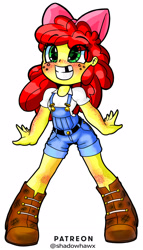 Size: 2066x3623 | Tagged: safe, artist:shadowhawx, apple bloom, equestria girls, g4, adorabloom, boots, bow, clothes, cowboy boots, cute, female, freckles, green eyes, grin, hair bow, high res, overalls, pigeon toed, shoes, simple background, smiling, solo, tooth gap, white background, wrong eye color