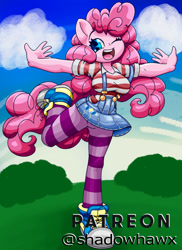 Size: 1184x1625 | Tagged: safe, artist:shadowhawx, pinkie pie, earth pony, anthro, plantigrade anthro, breasts, busty pinkie pie, clothes, converse, denim, denim skirt, female, one eye closed, open mouth, open smile, shirt, shoes, skirt, smiling, sneakers, socks, solo, striped shirt, striped socks