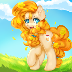 Size: 1772x1772 | Tagged: safe, artist:fleamutt, pear butter, earth pony, pony, g4, female, flower, flower in hair, looking at you, mare, open mouth, open smile, raised hoof, smiling, smiling at you, solo