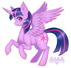 Size: 3700x3520 | Tagged: safe, artist:kitsuumi, twilight sparkle, alicorn, pony, g4, curved horn, cute, digital art, female, high res, hooves, horn, looking at you, mare, simple background, solo, spread wings, tail, twiabetes, twilight sparkle (alicorn), white background, wings