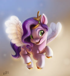 Size: 1920x2077 | Tagged: safe, artist:brdte, pipp petals, pegasus, pony, g5, adorapipp, cute, female, flying, mare, open mouth, open smile, princess pipp, signature, smiling, solo, spread wings, wings