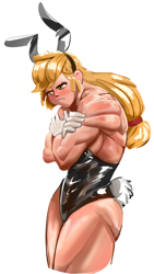 Size: 2160x3840 | Tagged: safe, artist:applephil, applejack, human, g4, applejacked, breasts, bunny suit, bunnyjack, clothes, crossed arms, embarrassed, female, frown, gloves, high res, humanized, muscles, muscular female, playboy bunny, sideboob, simple background, solo, white background