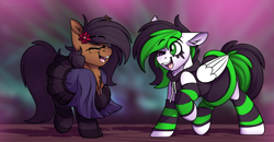 Size: 1936x1008 | Tagged: safe, artist:notetaker, oc, oc only, oc:crashie tunez, oc:notetaker, earth pony, pegasus, pony, blurry background, clothes, dancing, earth pony oc, jewelry, necklace, pegasus oc, pentagram