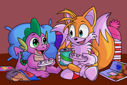 Size: 1656x1104 | Tagged: safe, artist:snail-speed, spike, dragon, fox, g4, chips, controller, countershading, crossover, duo, food, happy, male, miles "tails" prower, open mouth, open smile, pillow, smiling, soda can, sonic the hedgehog (series)