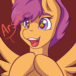 Size: 2048x2048 | Tagged: safe, artist:mscolorsplash, scootaloo, pegasus, pony, arson, bust, eye clipping through hair, eyebrows, eyebrows visible through hair, female, filly, fire, foal, open mouth, open smile, red background, simple background, smiling, solo, some mares just want to watch the world burn, spread wings, this will end in fire, wingding eyes, wings