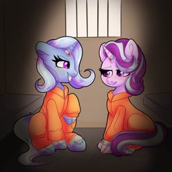 Size: 2048x2048 | Tagged: safe, artist:plushtrapez, starlight glimmer, trixie, pony, unicorn, g4, clothes, commission, commissioner:rainbowdash69, cuffed, duo, high res, horn, horn ring, jail, jumpsuit, magic suppression, never doubt rainbowdash69's involvement, prison, prison outfit, prisoner, prisoner sg, prisoner tx, ring, sad, smiling, smirk