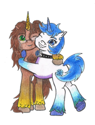 Size: 1183x1555 | Tagged: safe, artist:assertiveshypony, oc, oc only, oc:green scroll, oc:snowmoon, pony, unicorn, 2023 community collab, derpibooru community collaboration, chest fluff, drawing, duo, flower, g5 style, glasses, horn, hug, jewelry, looking at you, messy hair, messy mane, one eye closed, raised hoof, rose, short tail, simple background, smiling, tail, transparent background, unicorn oc