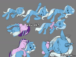 Size: 1332x1000 | Tagged: safe, artist:styroponyworks, starlight glimmer, trixie, pony, unicorn, g4, cuddling, female, gray background, mare, simple background, sketch, sleeping, waking up